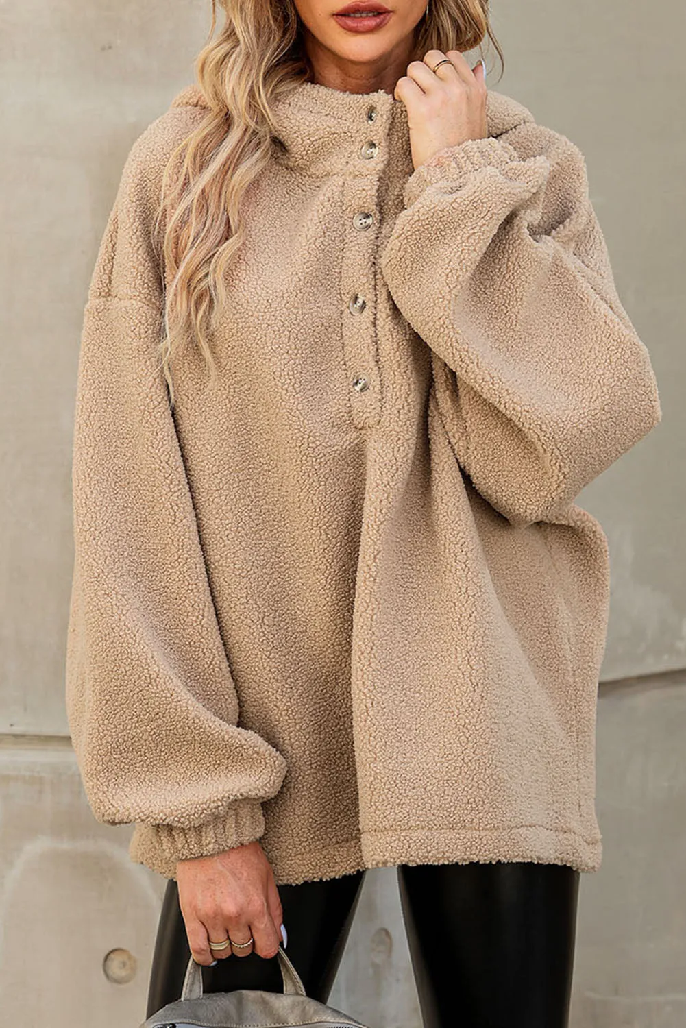 Khaki Half Button Hooded Loose Teddy Sweatshirt
