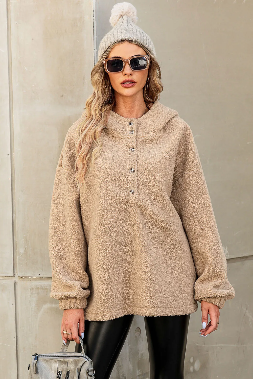 Khaki Half Button Hooded Loose Teddy Sweatshirt