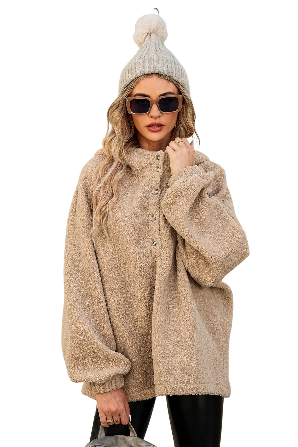 Khaki Half Button Hooded Loose Teddy Sweatshirt