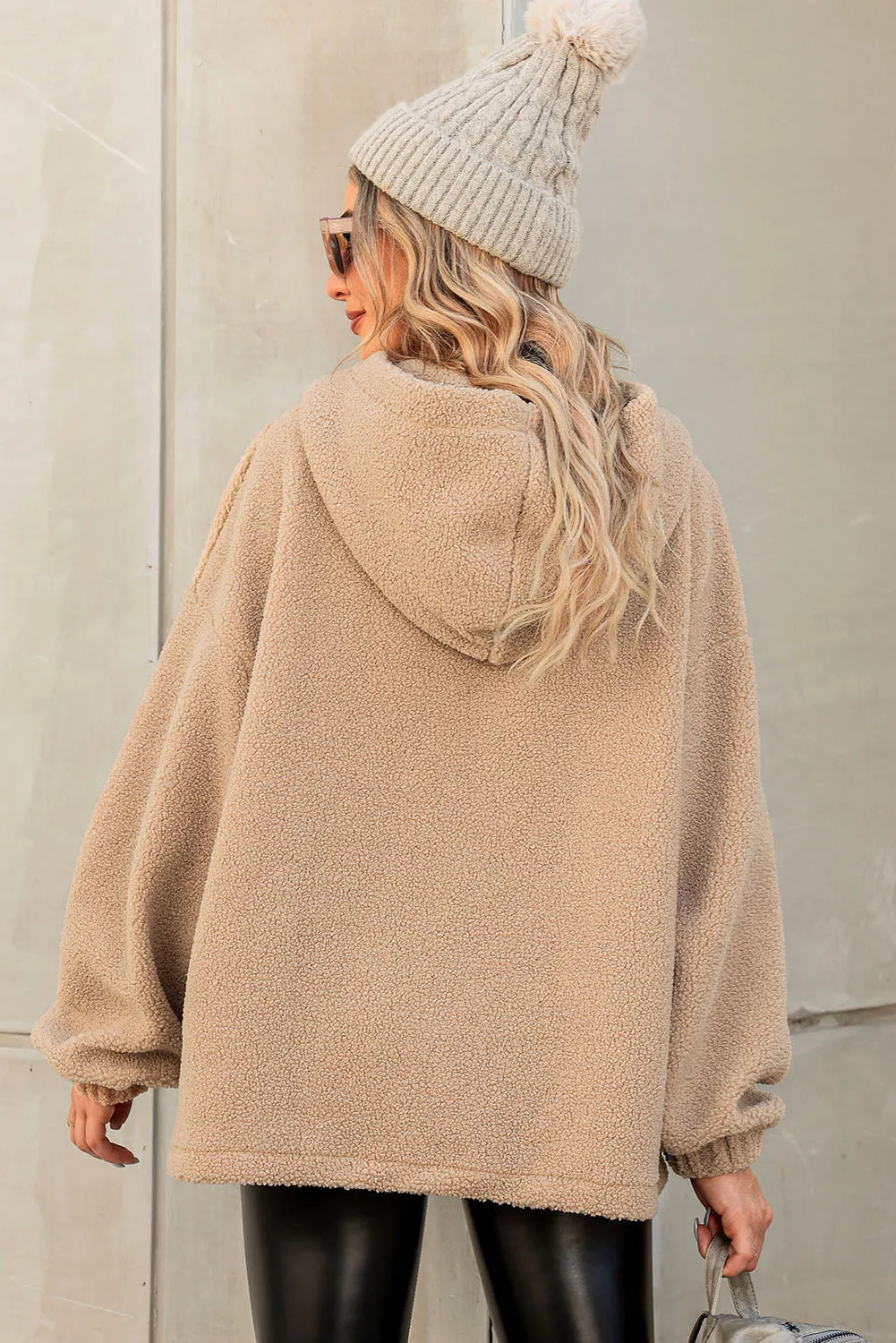 Khaki Half Button Hooded Loose Teddy Sweatshirt