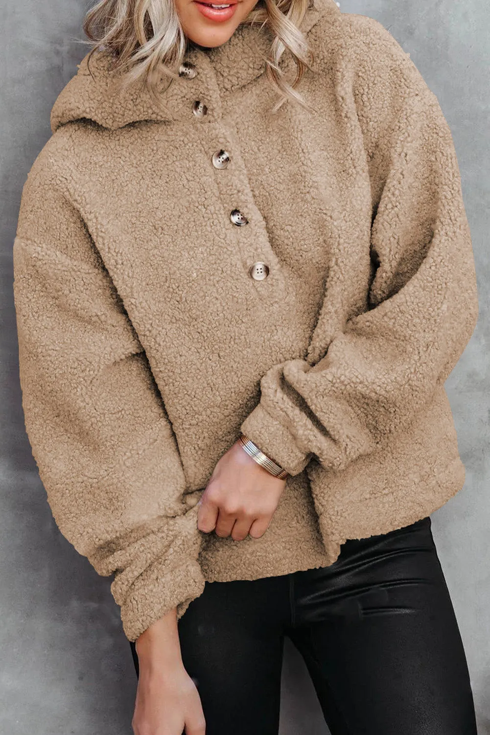 Khaki Half Button Hooded Loose Teddy Sweatshirt
