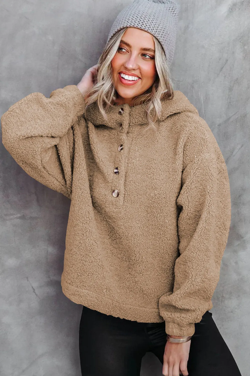 Khaki Half Button Hooded Loose Teddy Sweatshirt