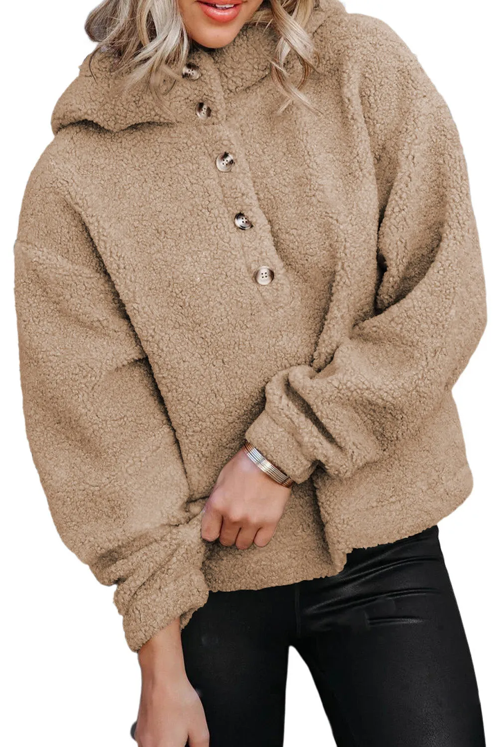 Khaki Half Button Hooded Loose Teddy Sweatshirt
