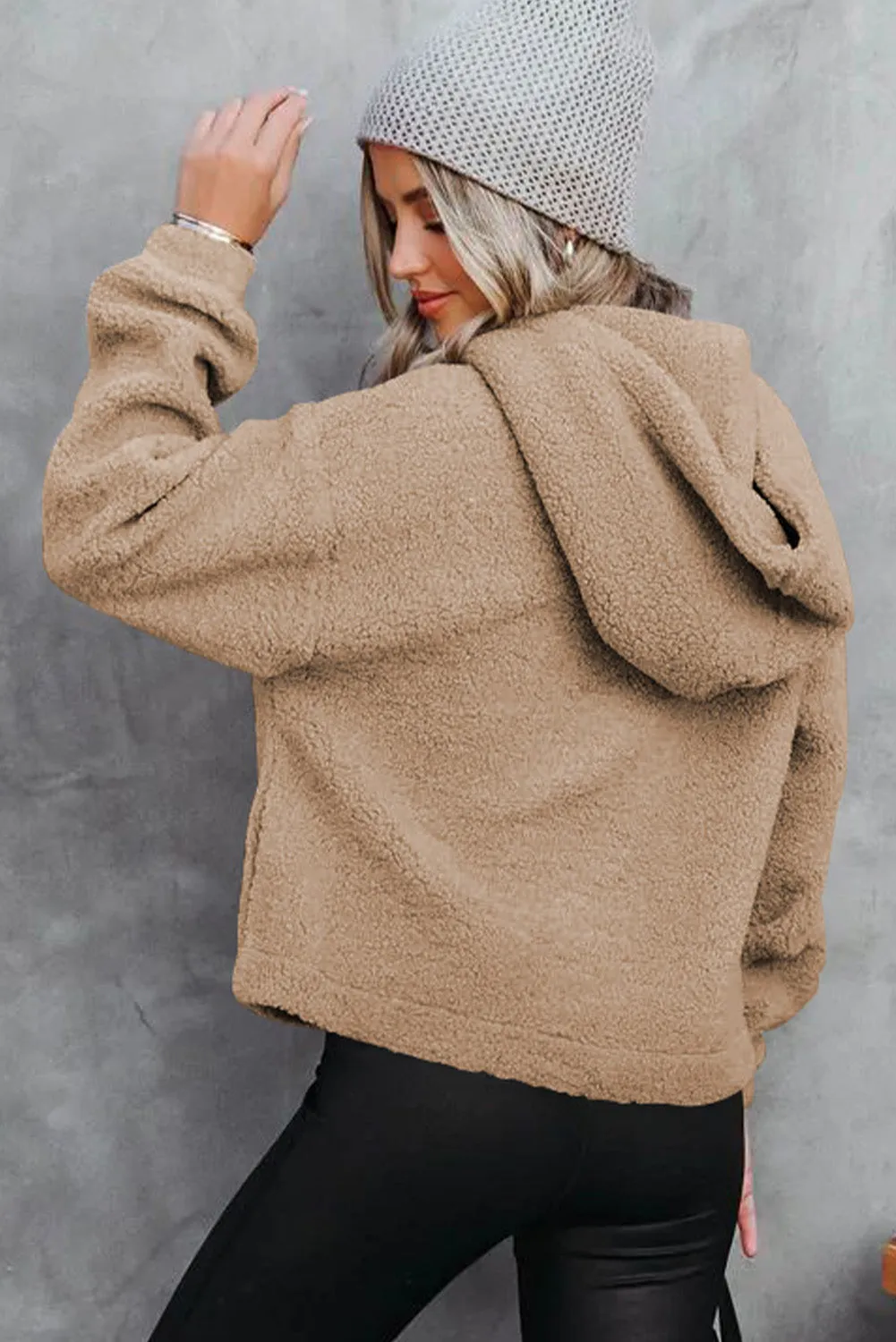 Khaki Half Button Hooded Loose Teddy Sweatshirt