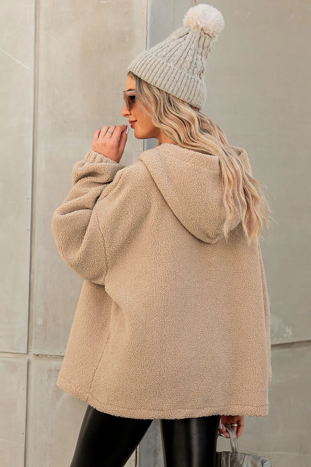 Khaki Half Button Hooded Loose Teddy Sweatshirt