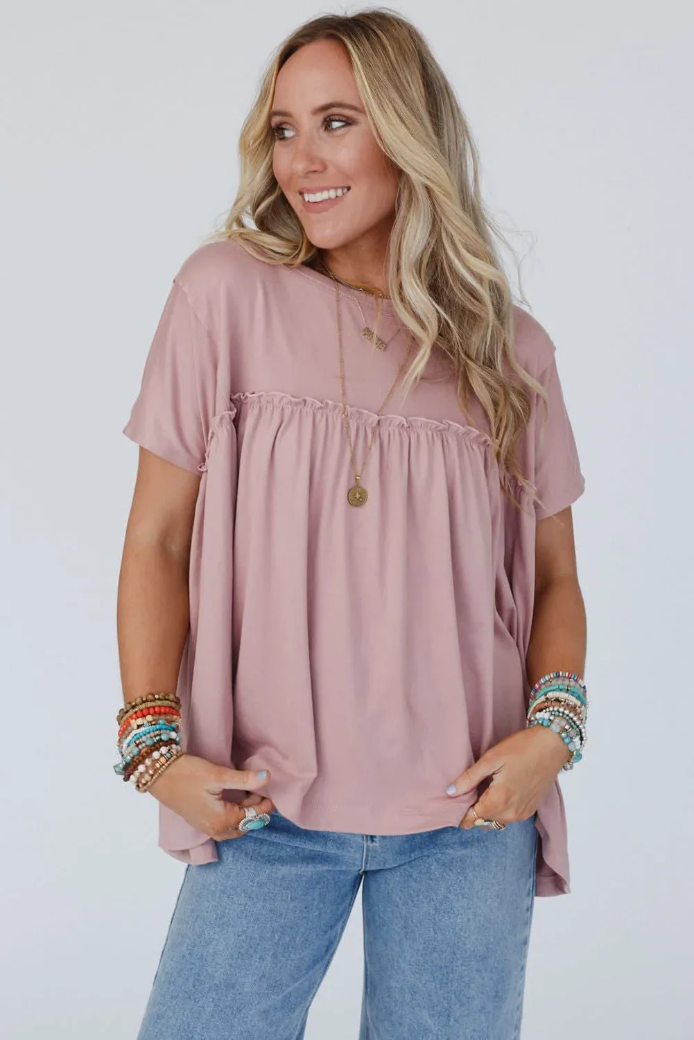 Light Pink Solid Color Ruffled Trim Loose Babydoll Blouse