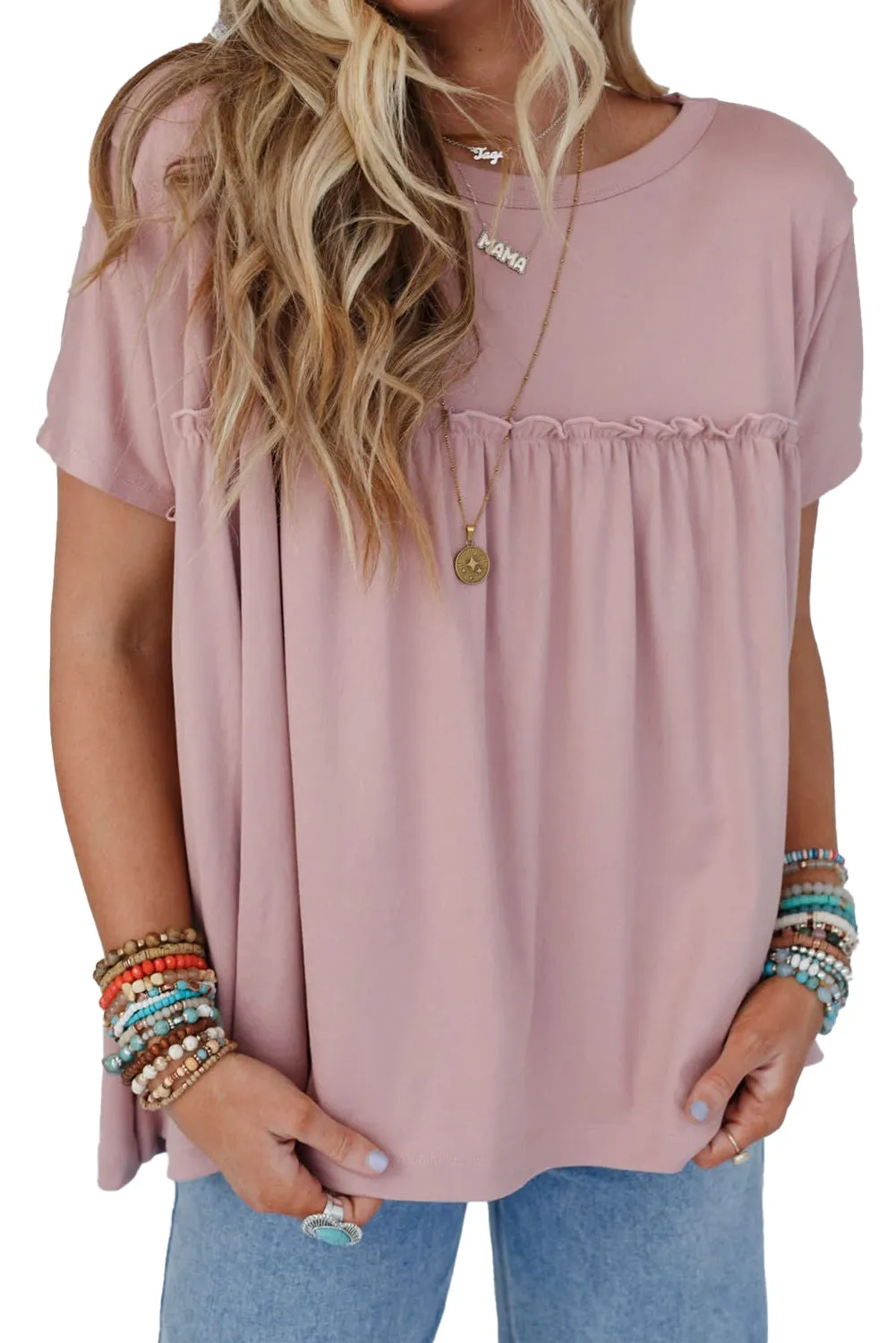 Light Pink Solid Color Ruffled Trim Loose Babydoll Blouse