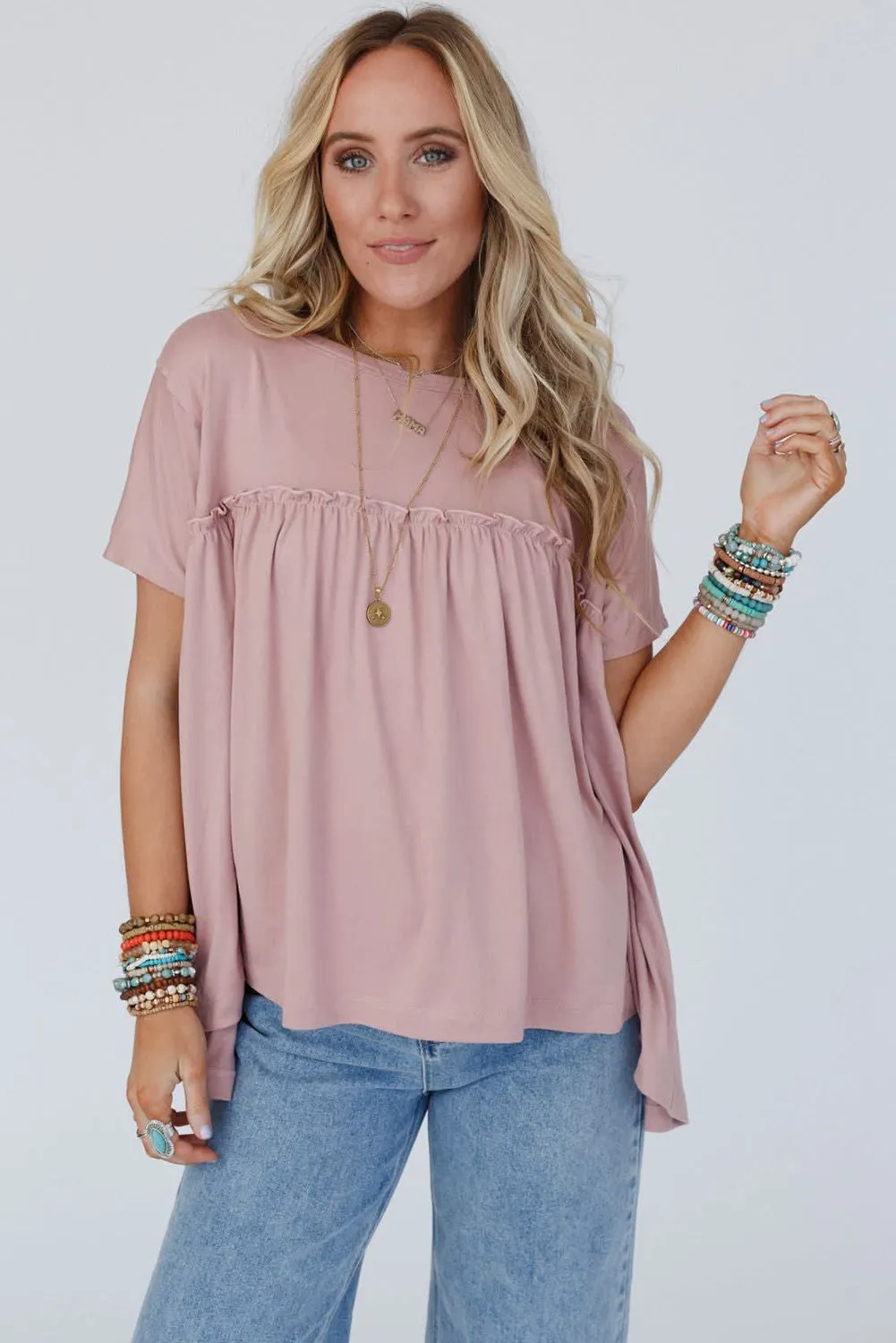 Light Pink Solid Color Ruffled Trim Loose Babydoll Blouse