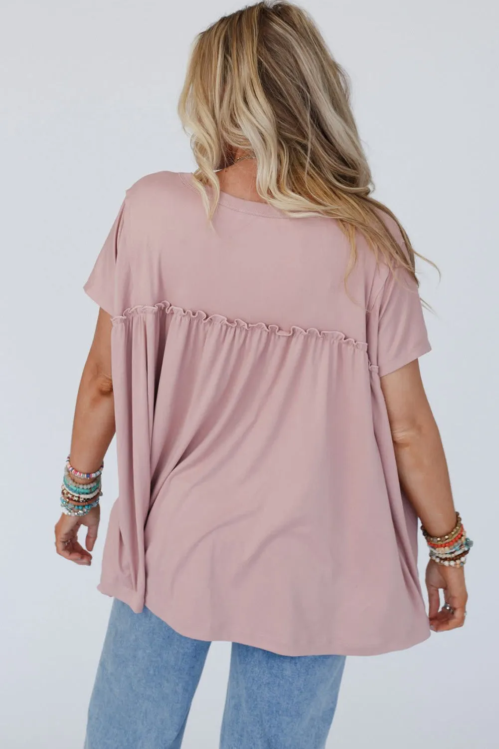 Light Pink Solid Color Ruffled Trim Loose Babydoll Blouse