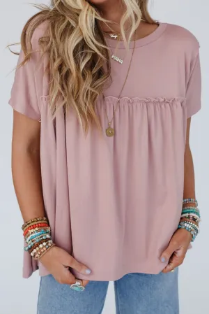 Light Pink Solid Color Ruffled Trim Loose Babydoll Blouse