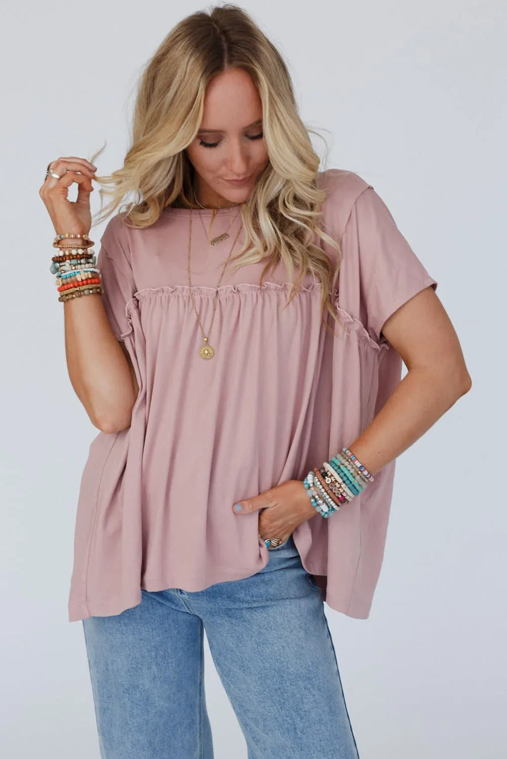 Light Pink Solid Color Ruffled Trim Loose Babydoll Blouse