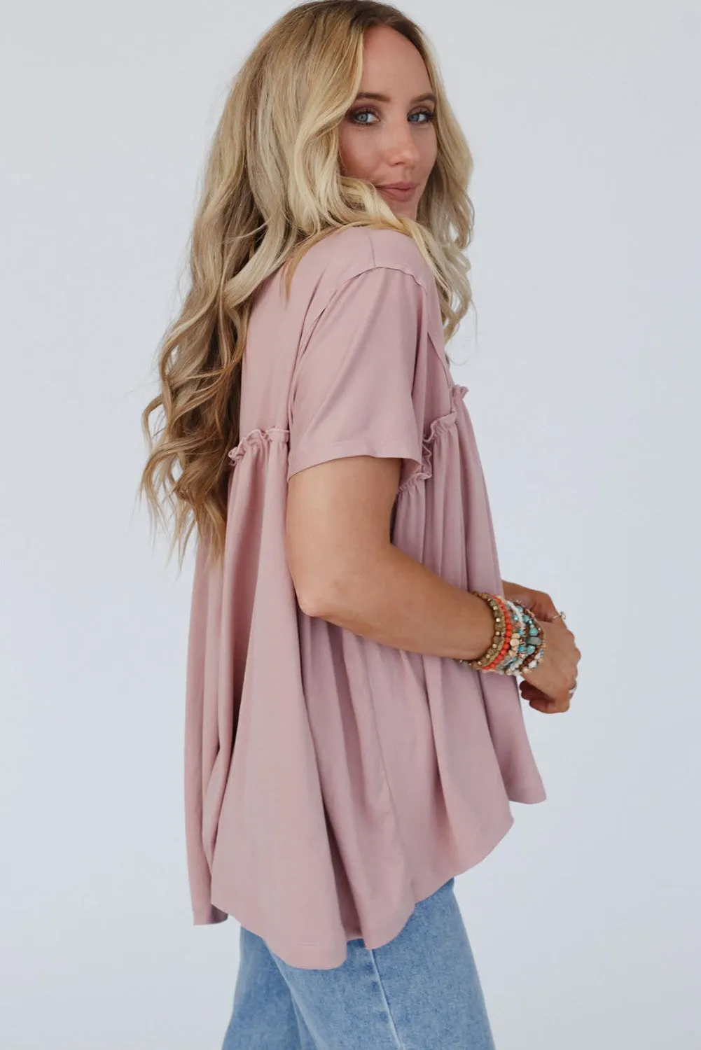 Light Pink Solid Color Ruffled Trim Loose Babydoll Blouse