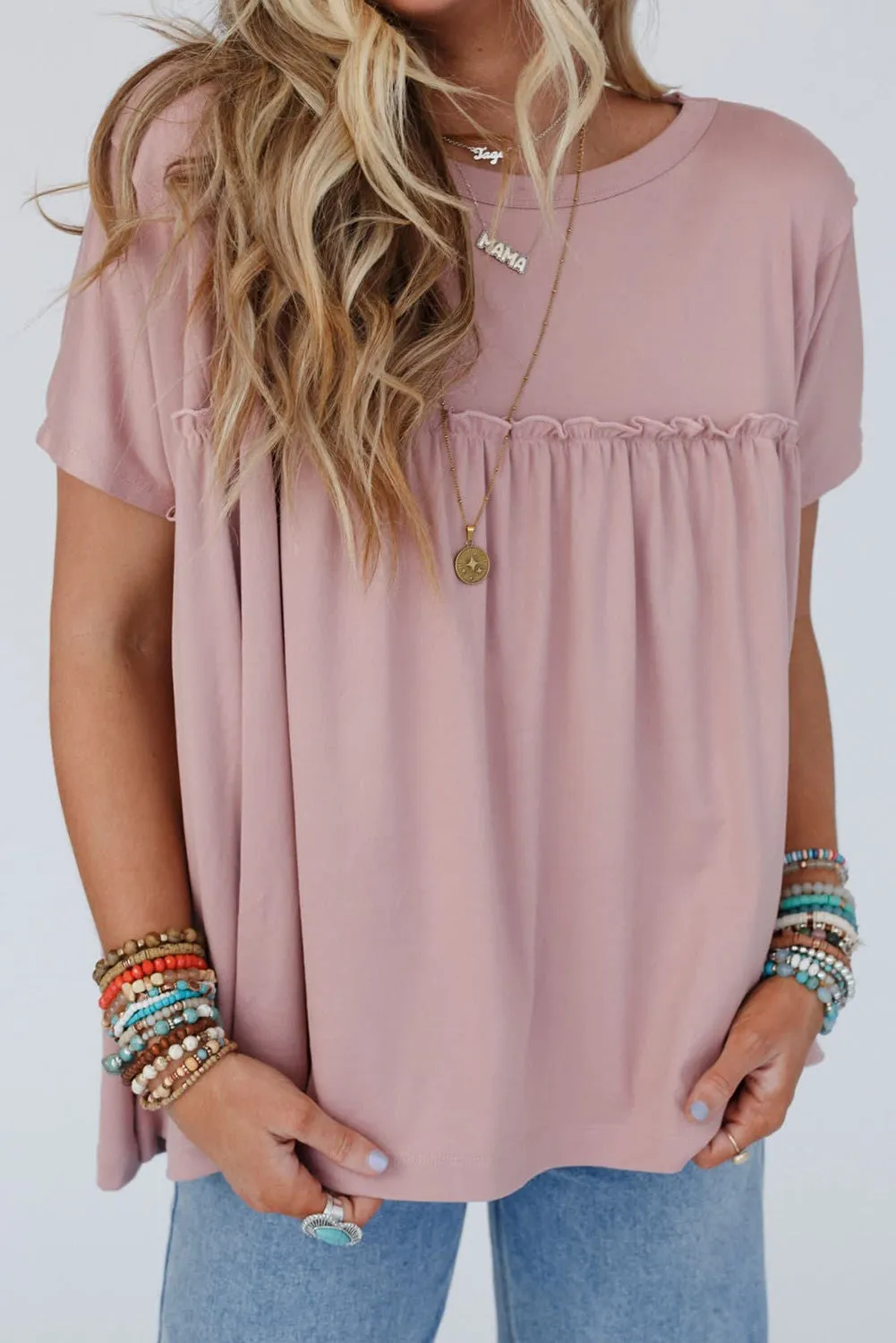 Light Pink Solid Color Ruffled Trim Loose Babydoll Blouse