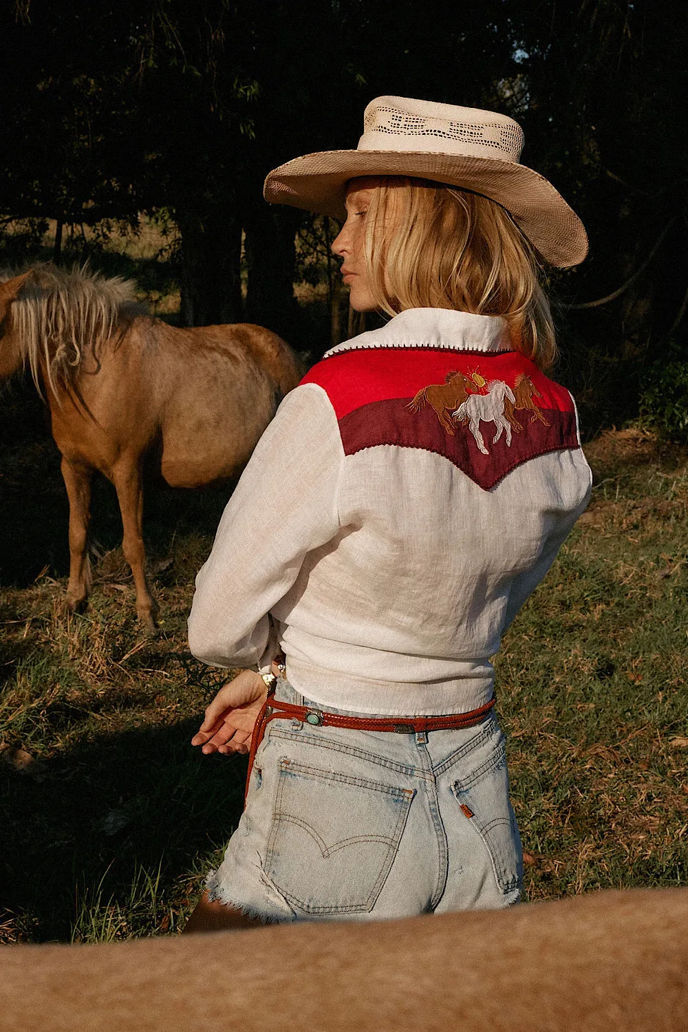 Livin’ In The Country Linen appliqué Western Blouse