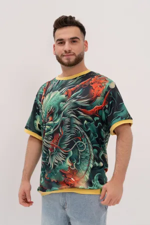 Loose-Fit Graphic Ringer Tee - Mythical Giant & Dragon