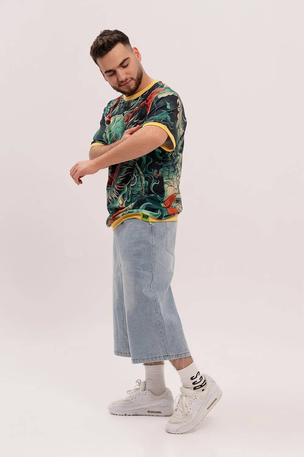 Loose-Fit Graphic Ringer Tee - Mythical Giant & Dragon