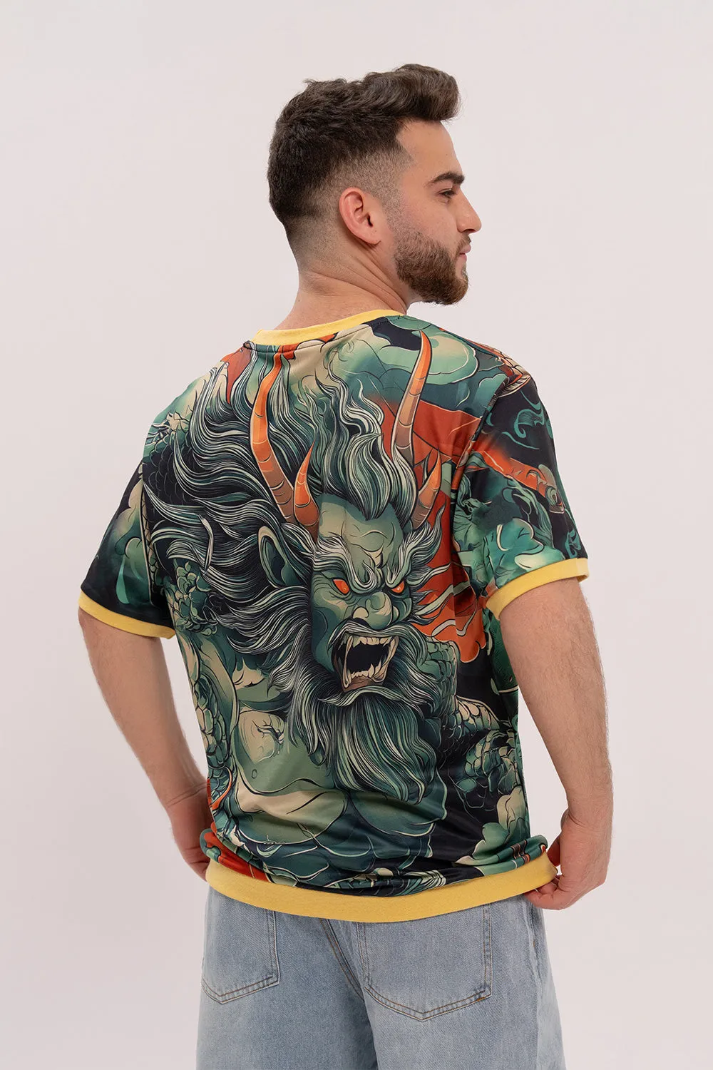 Loose-Fit Graphic Ringer Tee - Mythical Giant & Dragon