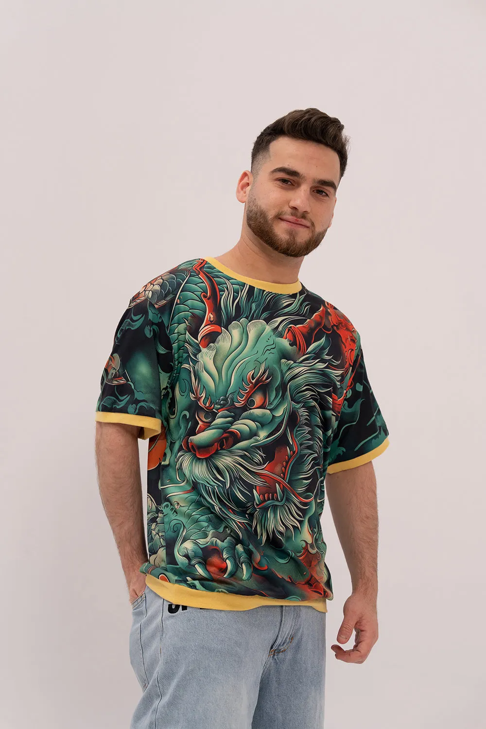 Loose-Fit Graphic Ringer Tee - Mythical Giant & Dragon
