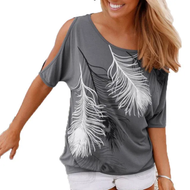 Loose fit Summer Feather Off Shoulder Tee