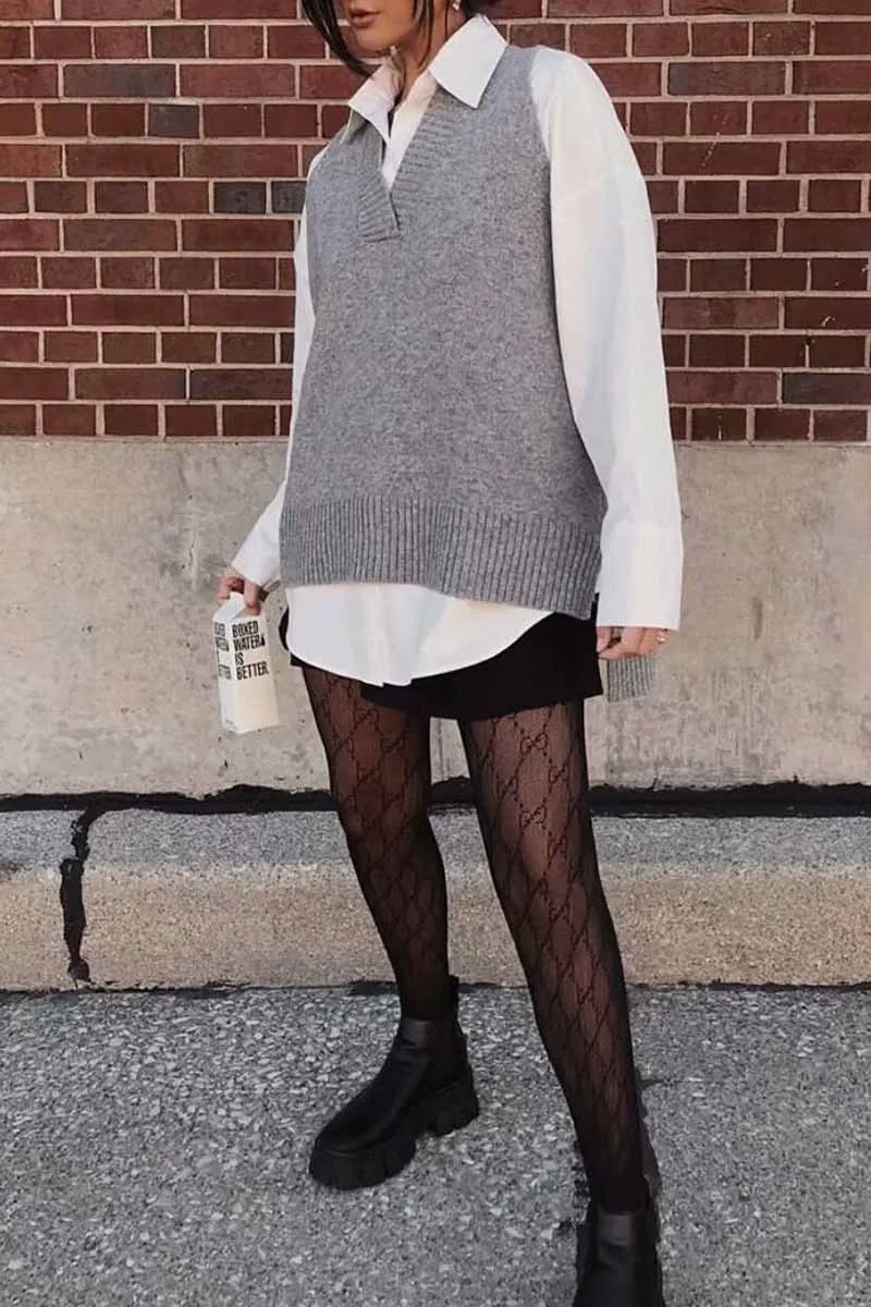Loose Knit V-Neck Sweater Vest Tops