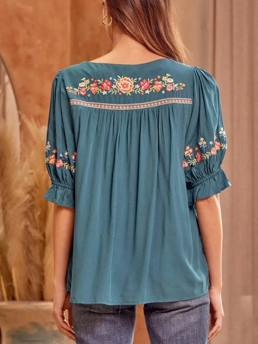 Lucille Embroidery Top: Teal