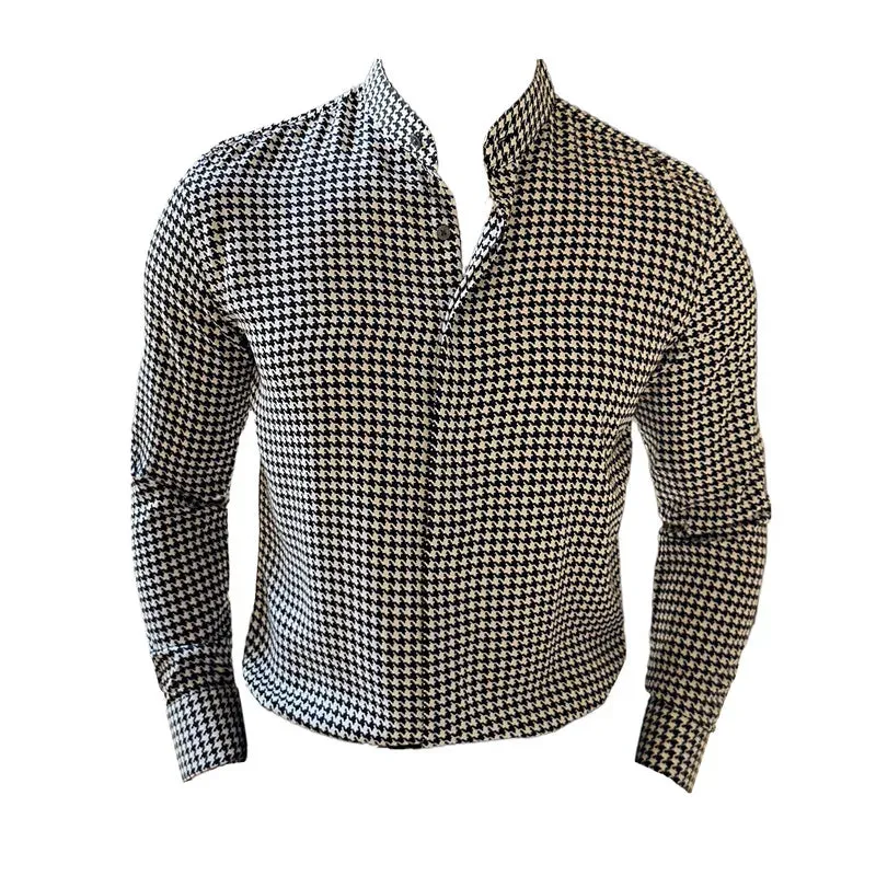 LuxXclusive Hahnentrittmuster Hemden für Herren Slim Fit Stehkragen Langarmhemd