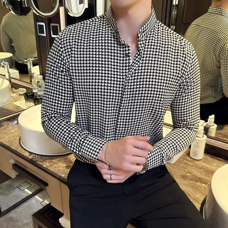 LuxXclusive Hahnentrittmuster Hemden für Herren Slim Fit Stehkragen Langarmhemd