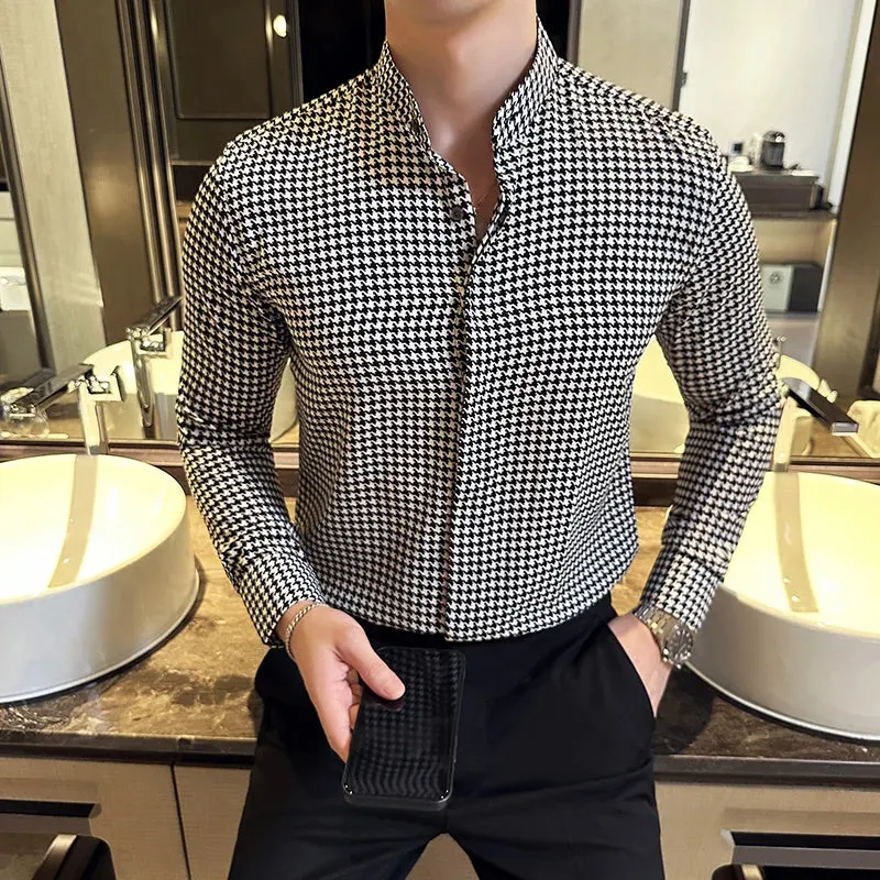 LuxXclusive Hahnentrittmuster Hemden für Herren Slim Fit Stehkragen Langarmhemd