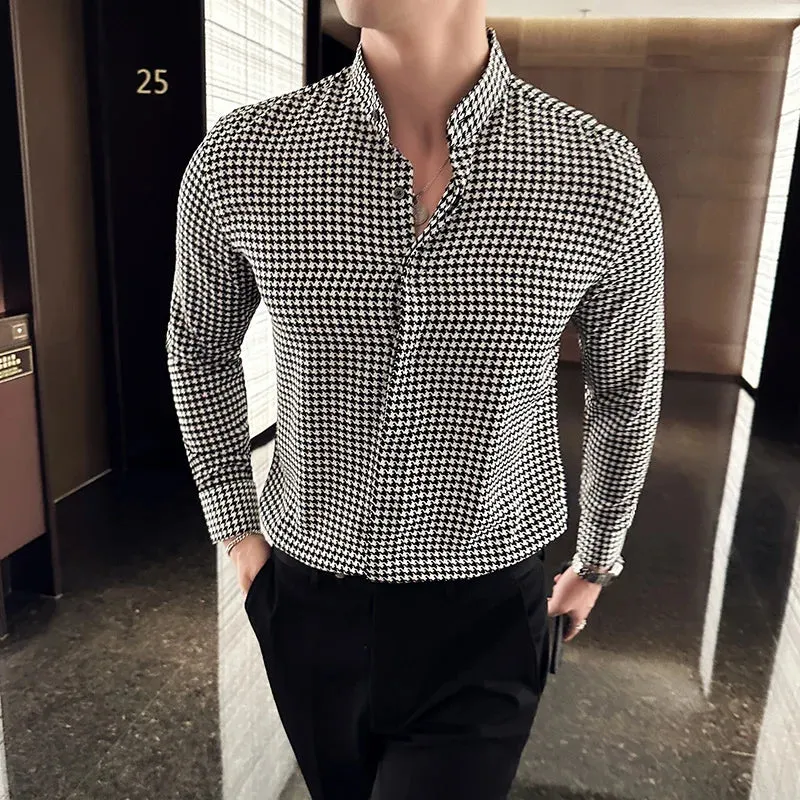 LuxXclusive Hahnentrittmuster Hemden für Herren Slim Fit Stehkragen Langarmhemd