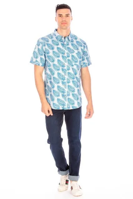Men's Printed Woven Teal Leaf Short Sleeve Cotton Shirt