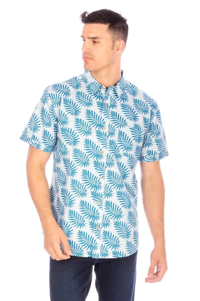 Men's Printed Woven Teal Leaf Short Sleeve Cotton Shirt