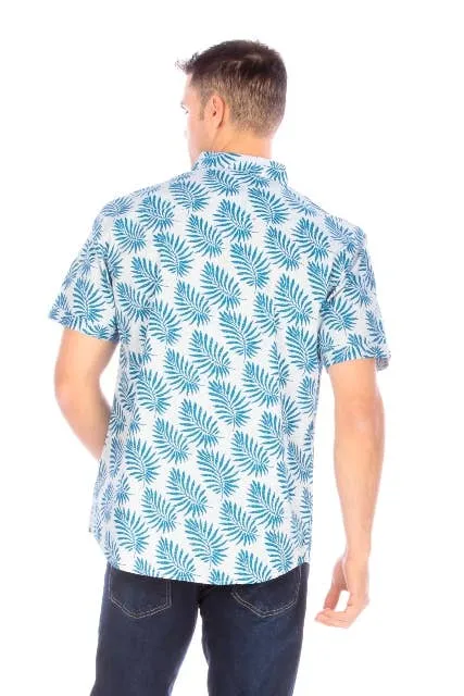 Men's Printed Woven Teal Leaf Short Sleeve Cotton Shirt