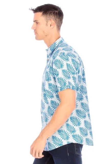 Men's Printed Woven Teal Leaf Short Sleeve Cotton Shirt