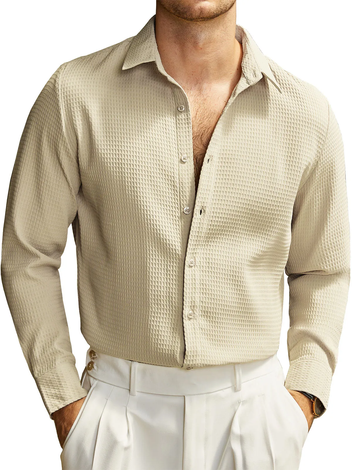 Men's Textured Waffle Casual Button Long Sleeve Dress Shirts