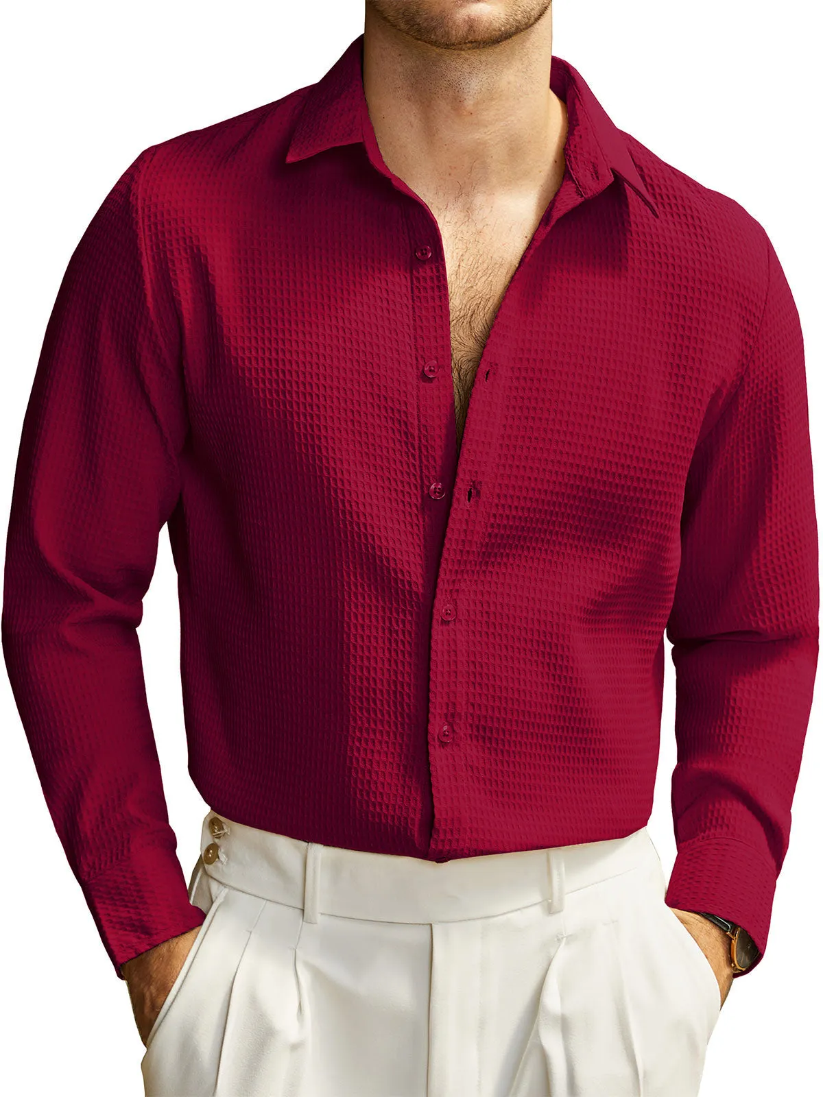 Men's Textured Waffle Casual Button Long Sleeve Dress Shirts