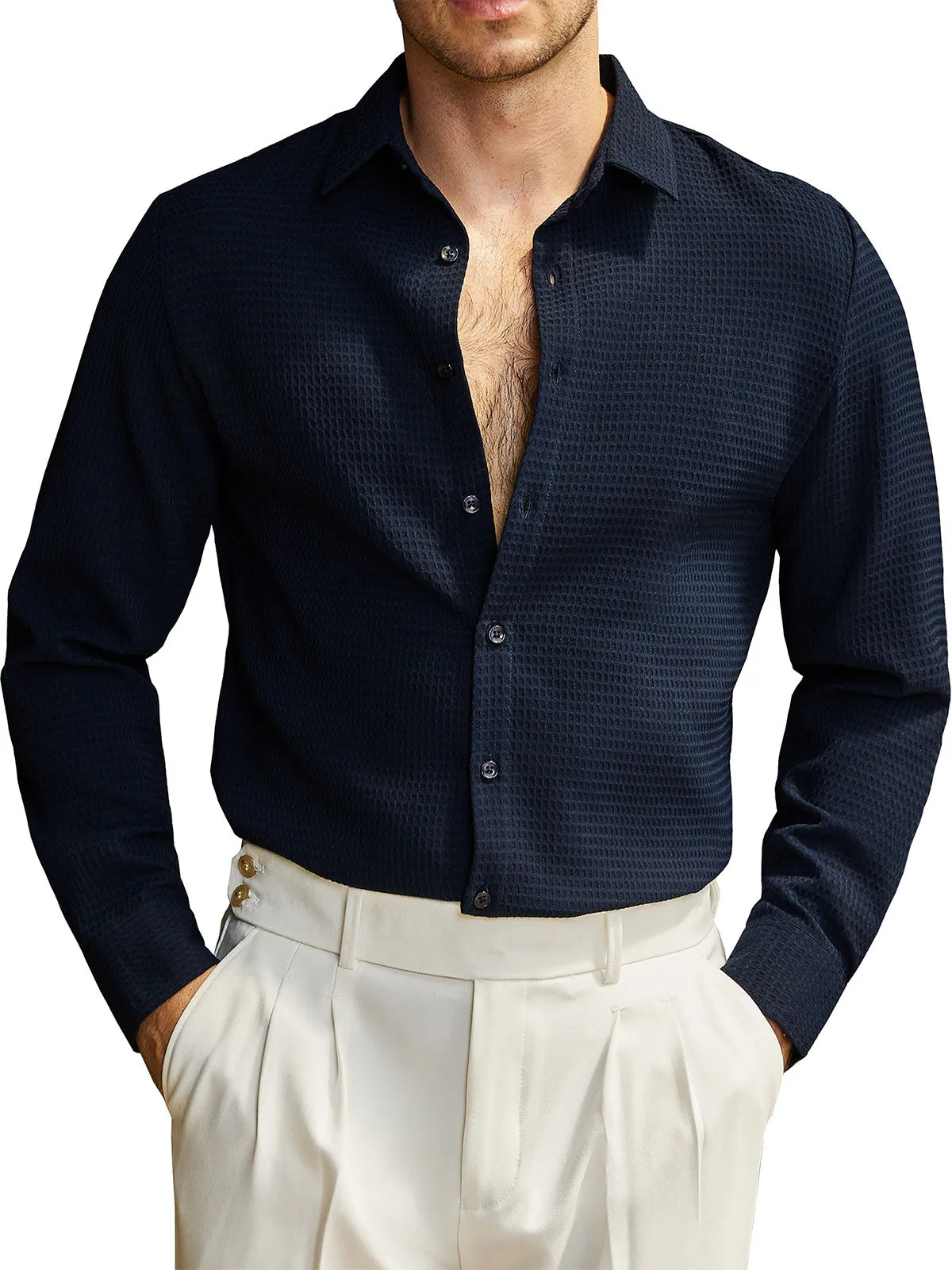 Men's Textured Waffle Casual Button Long Sleeve Dress Shirts