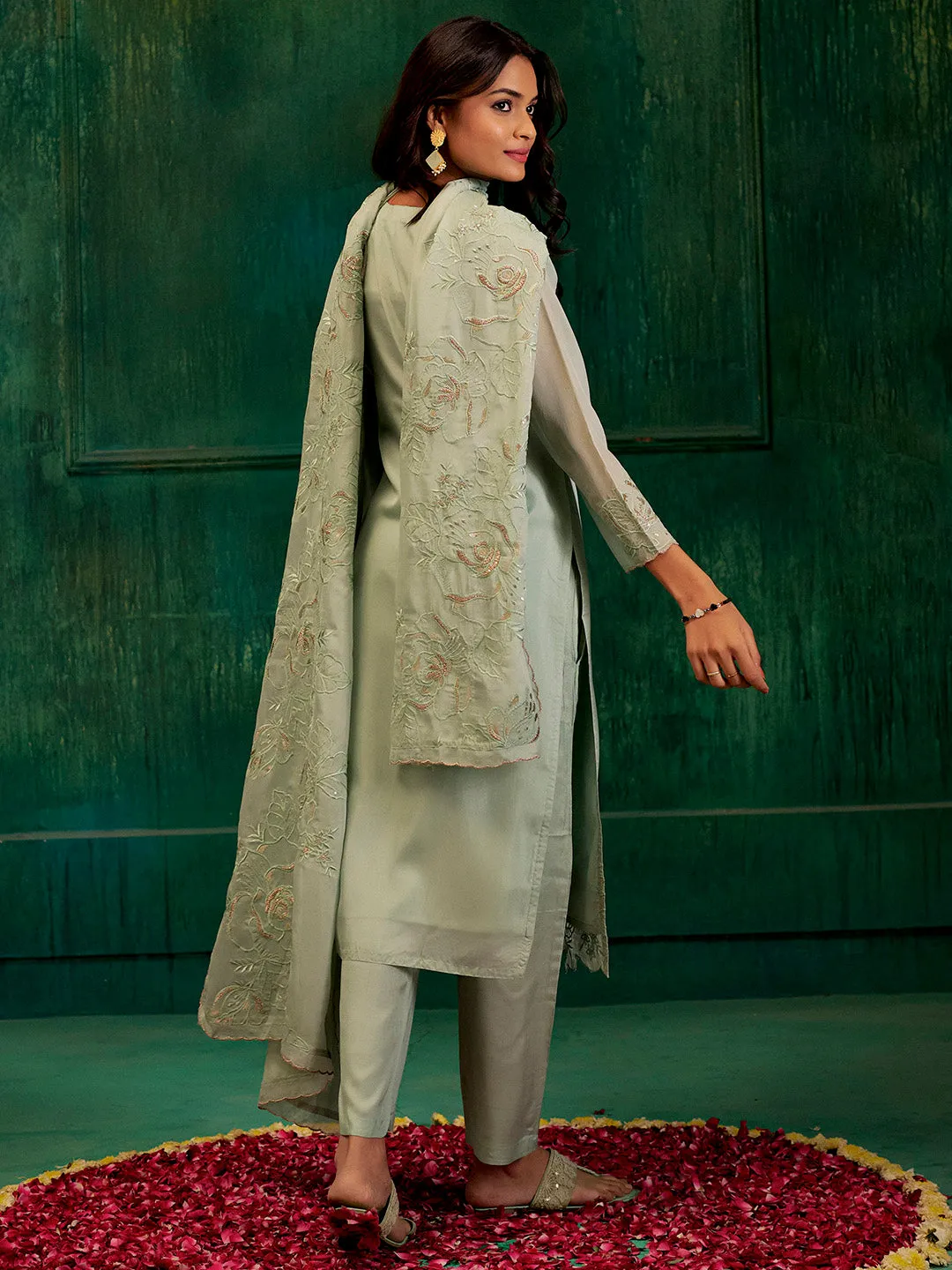 Mint Green Hand Embroidered Festive Kurta Set With Dupatta