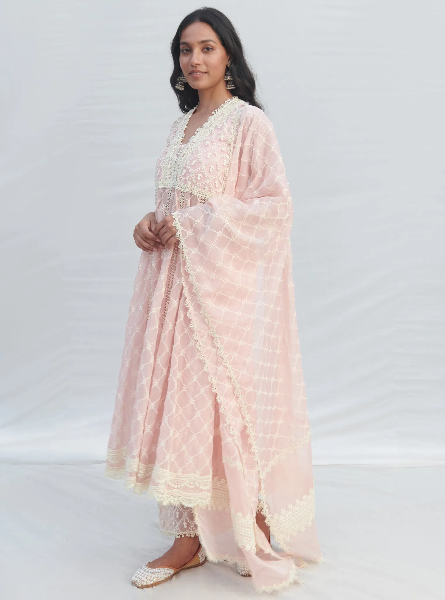 Mulmul Organza Anarkali Dori Pink Kurta With Mulmul Cotton Dori Pink Pant