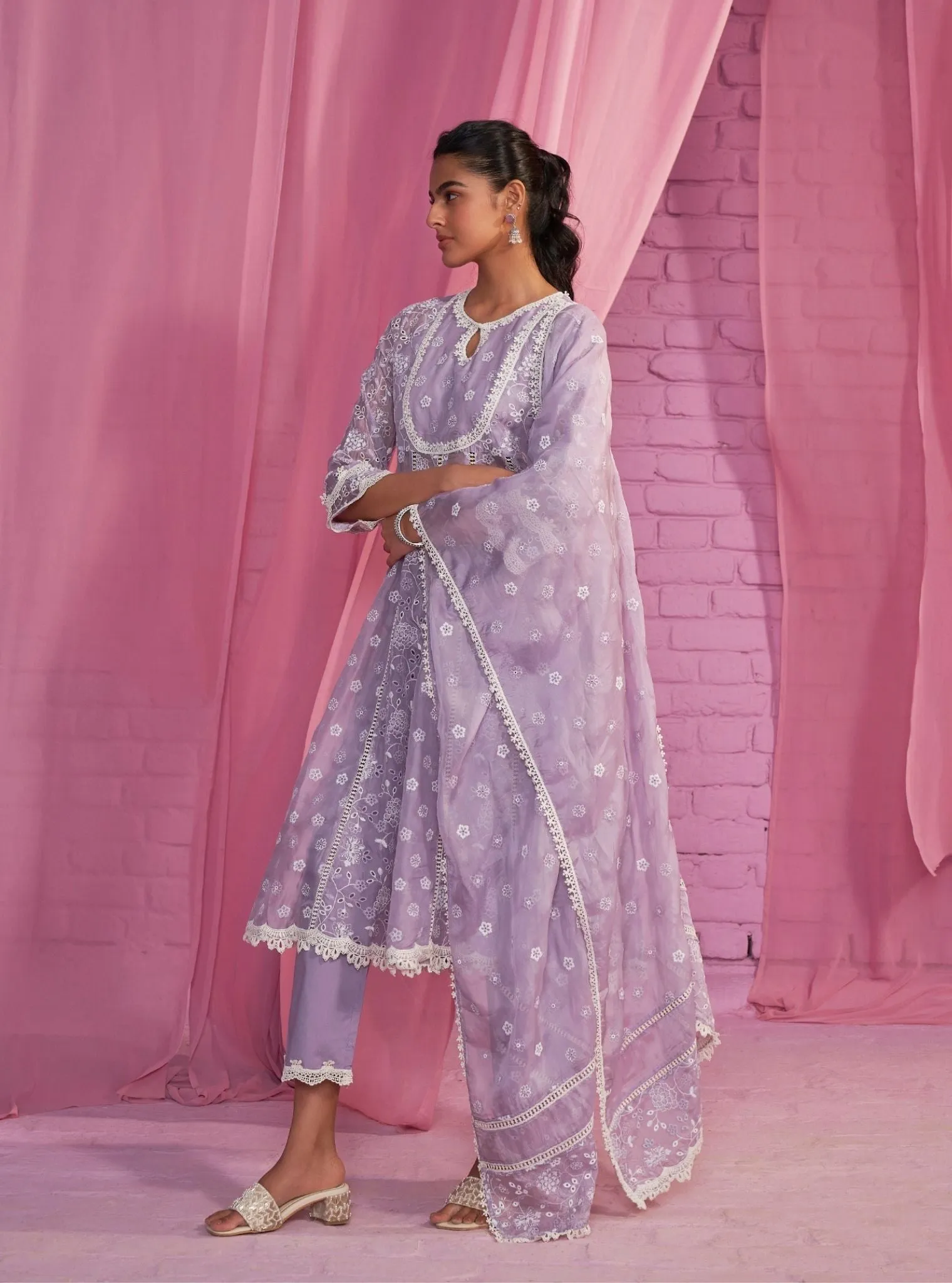 Mulmul Organza Britney Lavender Anarkali Kurta With Mulmul Cotton Britney Lavender Pant