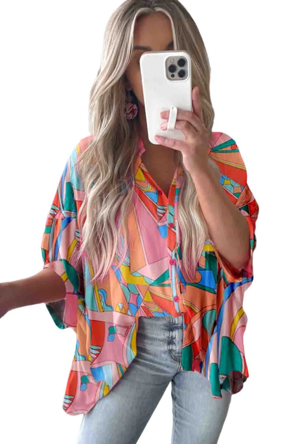 Multicolor Abstract Geometry Print Half Puff Sleeve Loose Shirt