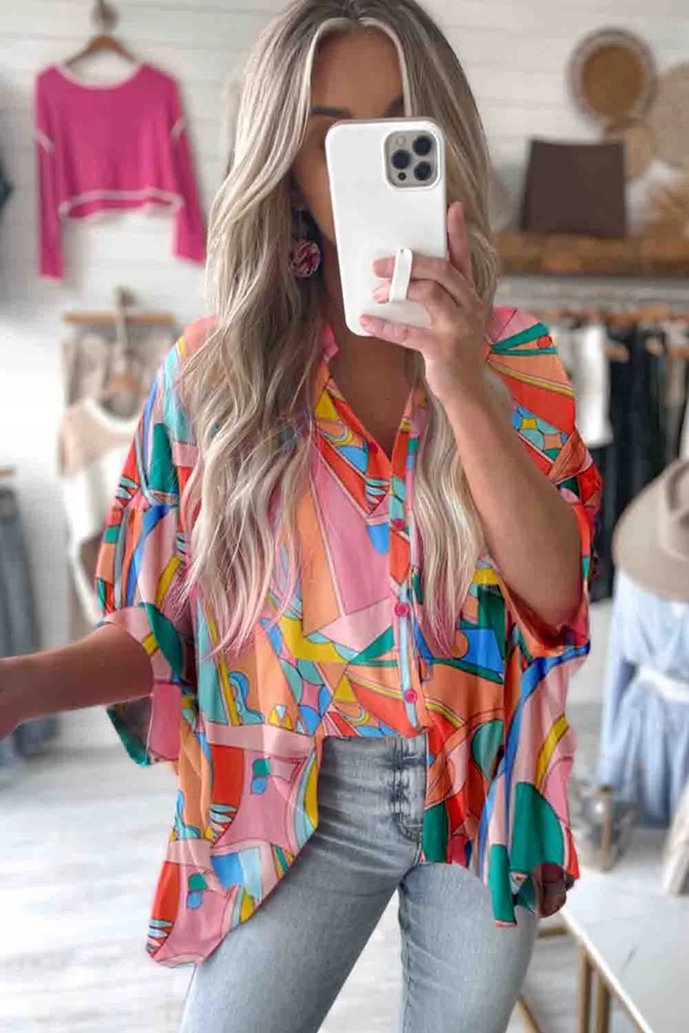 Multicolor Abstract Geometry Print Half Puff Sleeve Loose Shirt