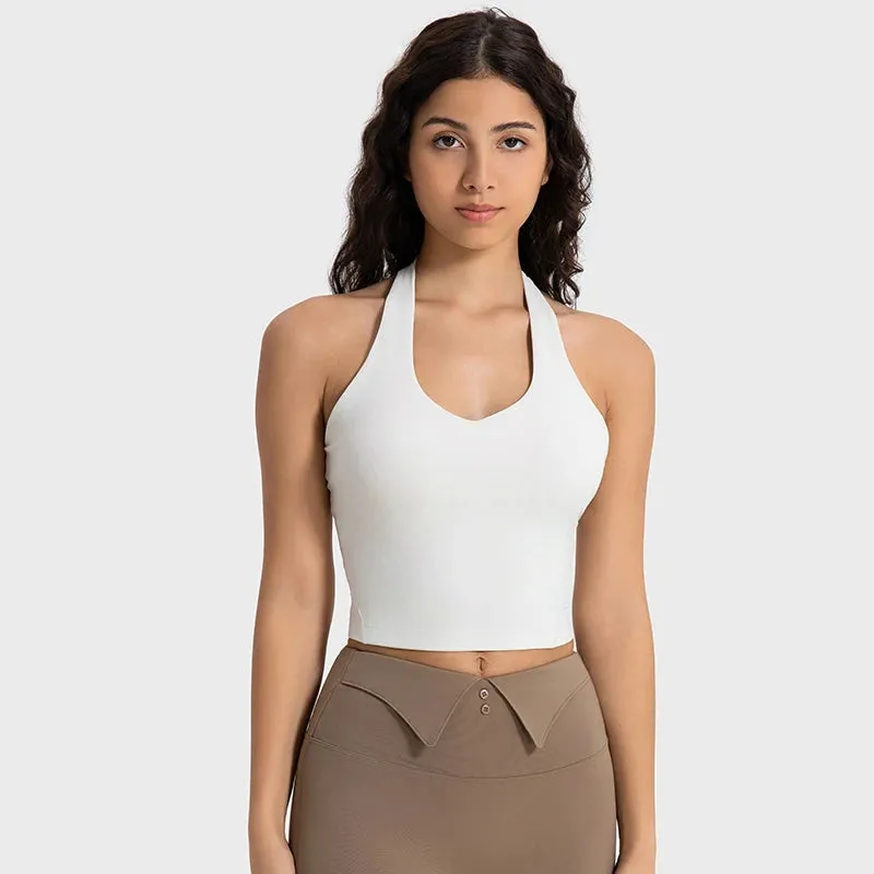 Naked Feel Halter Sports Bras - Women Beauty Back Padded Yoga Tank Tops, Sleeveless Workout Running Fitness Crop Top with Built-In Bra