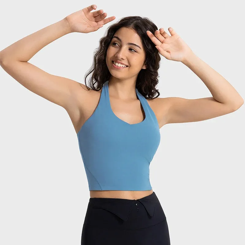 Naked Feel Halter Sports Bras - Women Beauty Back Padded Yoga Tank Tops, Sleeveless Workout Running Fitness Crop Top with Built-In Bra