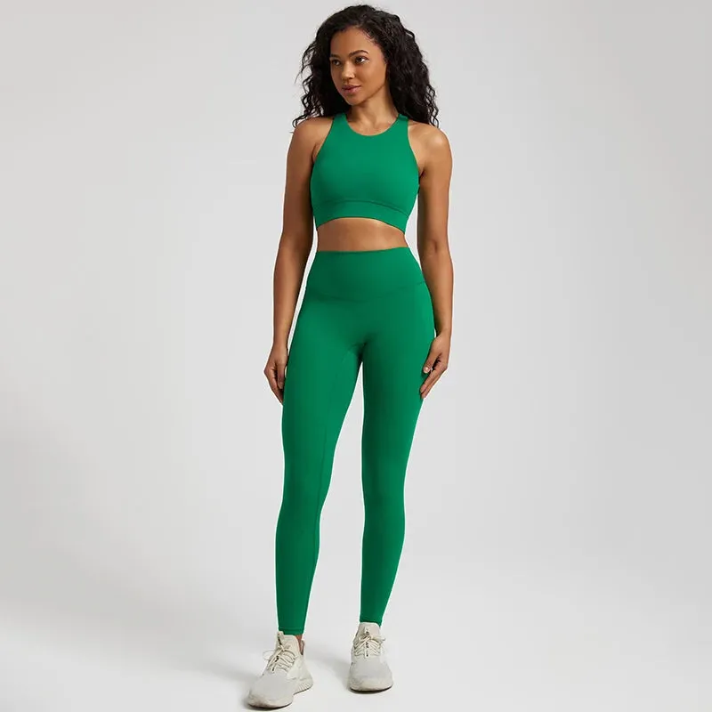 Naked Feel High Stretch Yoga Set for Women - Adjustable Hook Tank Bra and Gym Leggings