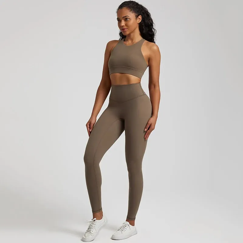 Naked Feel High Stretch Yoga Set for Women - Adjustable Hook Tank Bra and Gym Leggings