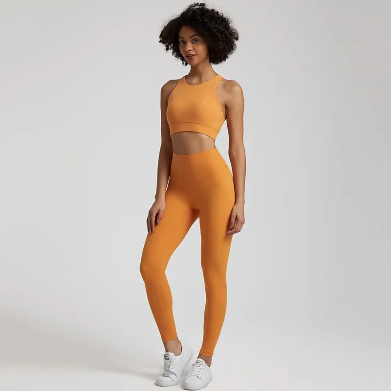 Naked Feel High Stretch Yoga Set for Women - Adjustable Hook Tank Bra and Gym Leggings
