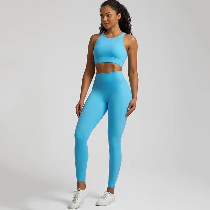 Naked Feel High Stretch Yoga Set for Women - Adjustable Hook Tank Bra and Gym Leggings