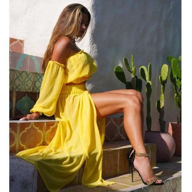 new Women's Clothing Set Off Shoulder Long Sleeve Tops and Cover Up Skirt Two-piece Suit for Travelling Beach Vacation