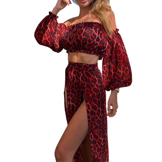 new Women's Clothing Set Off Shoulder Long Sleeve Tops and Cover Up Skirt Two-piece Suit for Travelling Beach Vacation