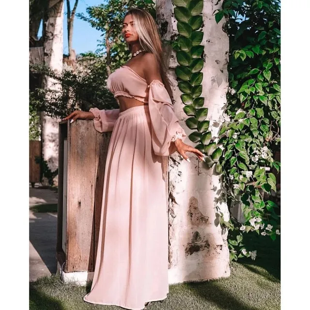 new Women's Clothing Set Off Shoulder Long Sleeve Tops and Cover Up Skirt Two-piece Suit for Travelling Beach Vacation
